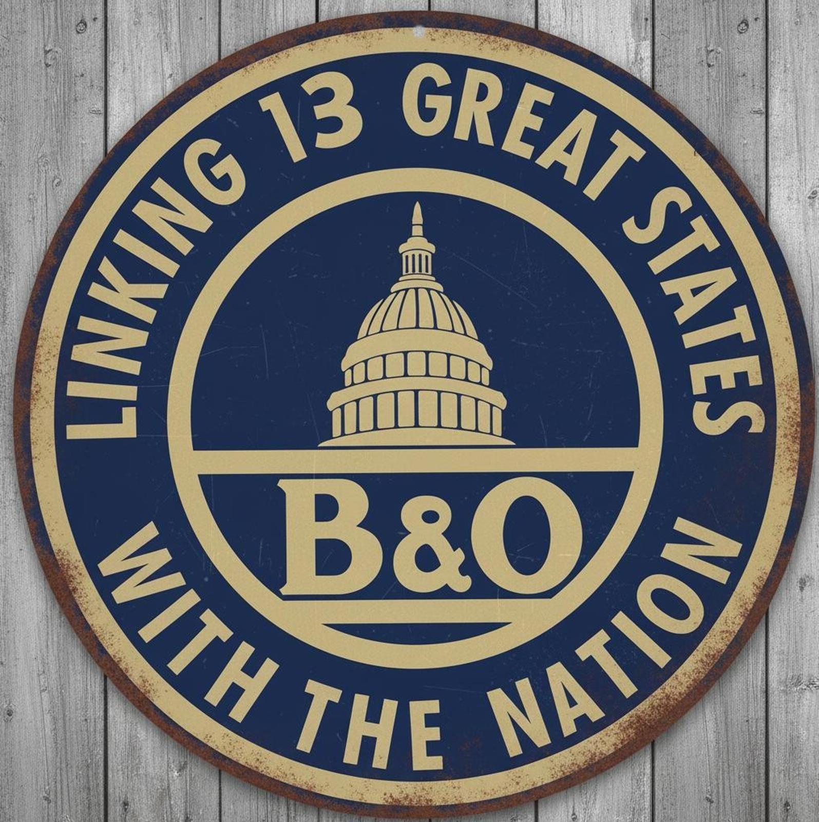 B & O Railroad 8" Diameter Vintage Novelty Metal Sign Made In USA
