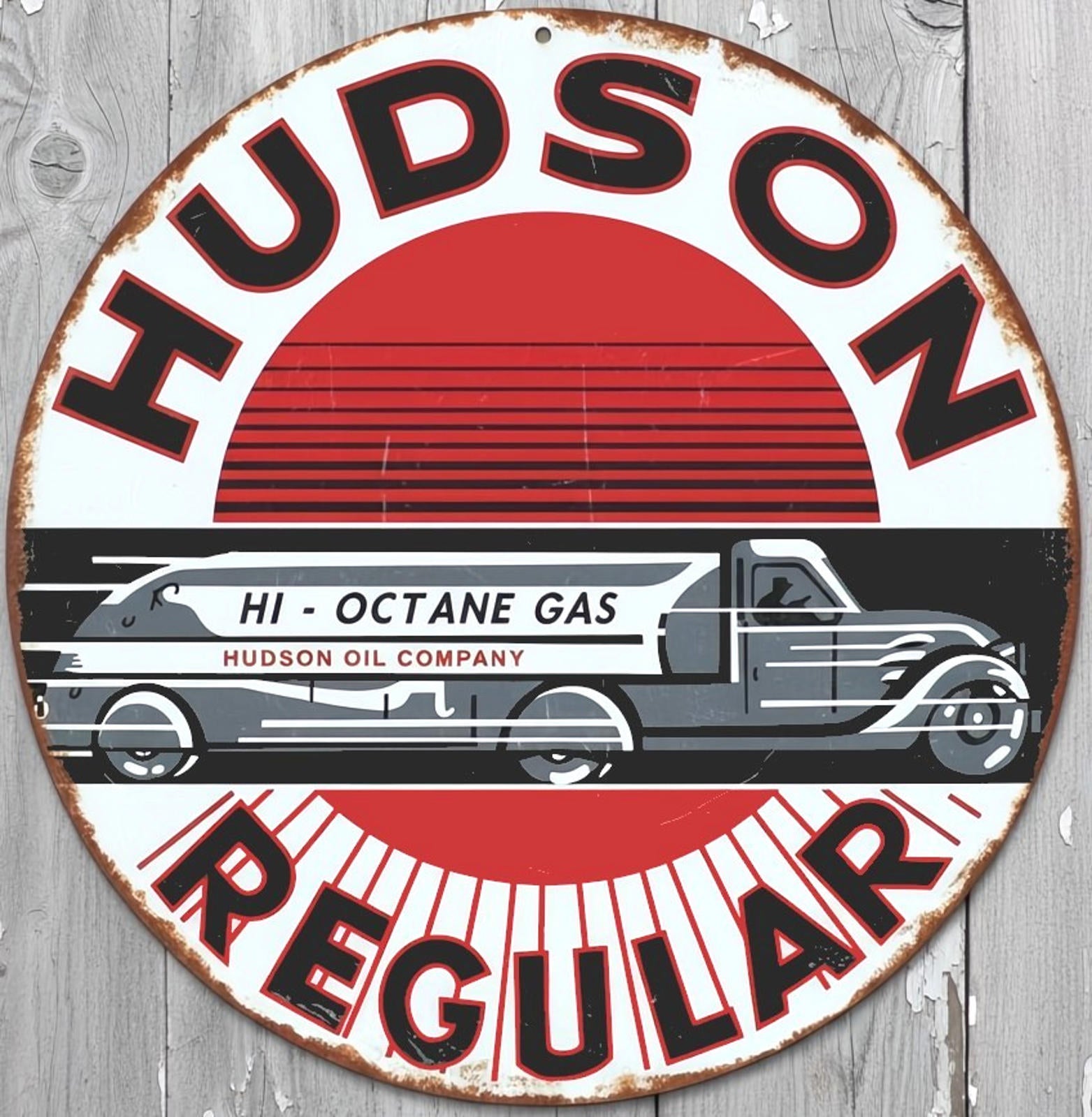 Hudson Regular Gasoline 8" Diameter Vintage Novelty Metal Sign Made In USA