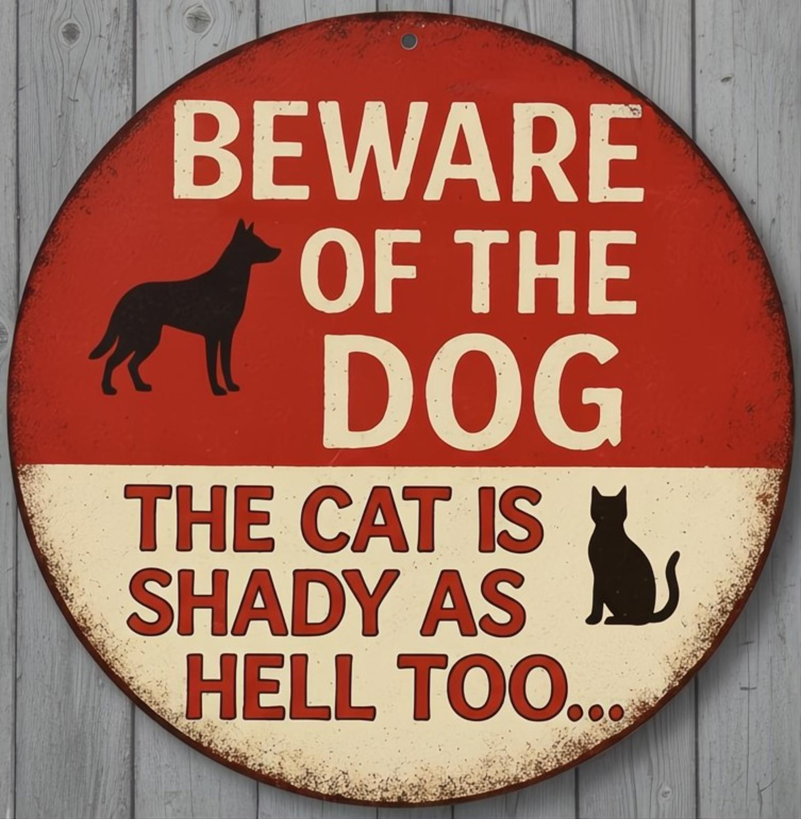 Beware Of Dog Cat Shady Too 8" Diameter Vintage Novelty Metal Sign Made In USA