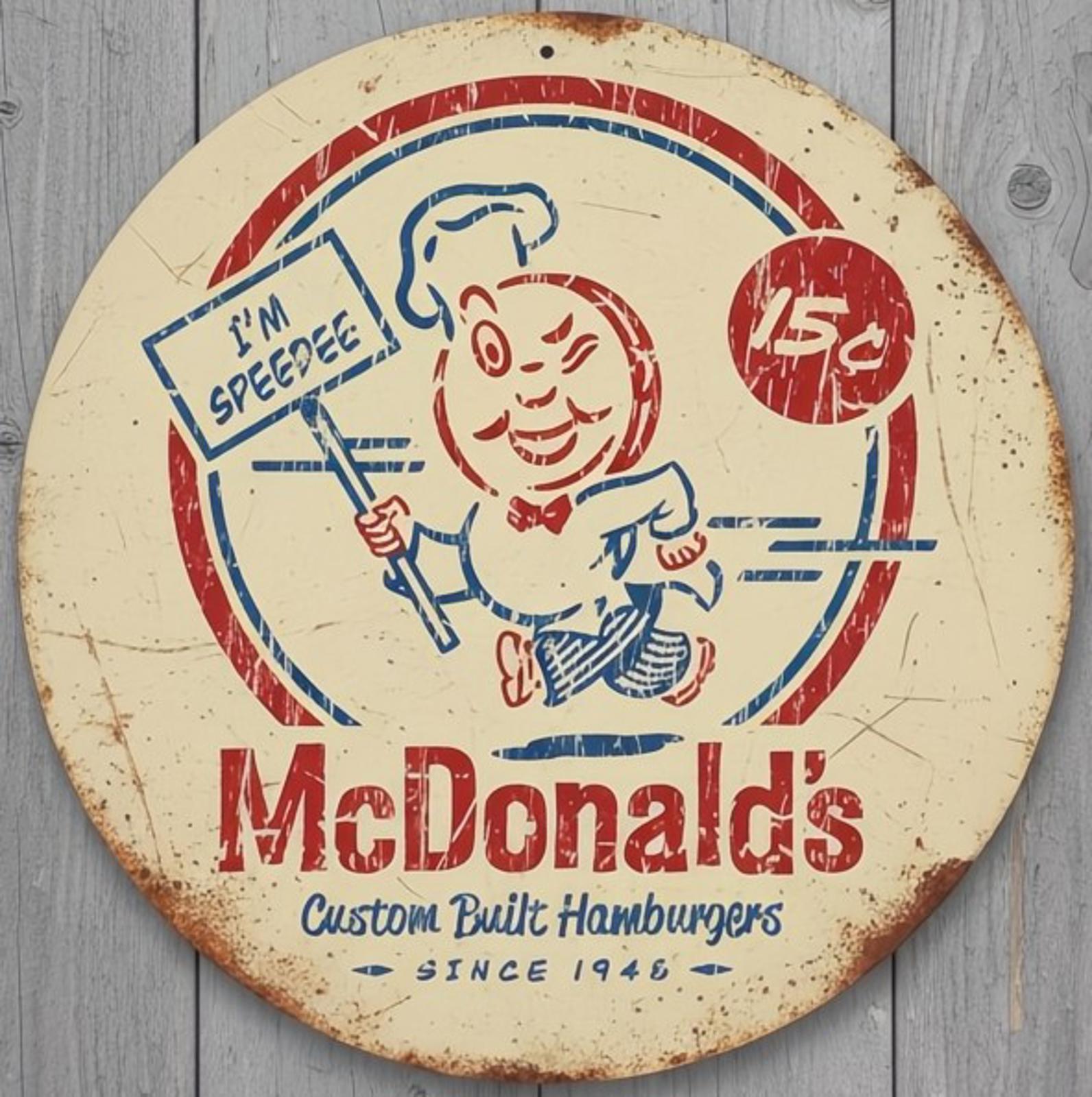 McDonald's Custom Built Hamburgers 8" Diameter Vintage Novelty Metal Sign